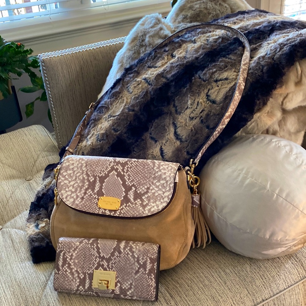 Michael Kors Tan Suede and Snakeskin Crossbody and wallet